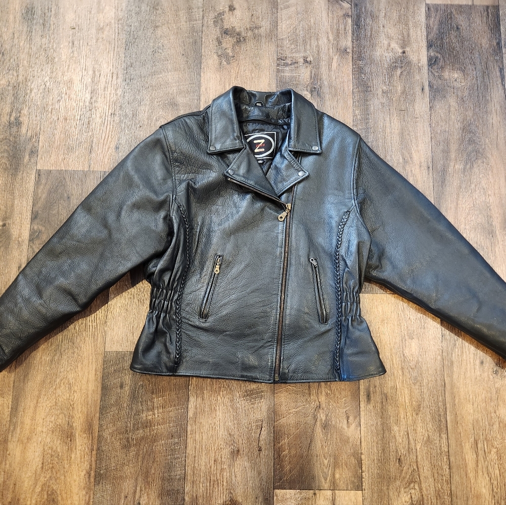 Zony Inc Black Leather Biker Moto Jacket Zip Out Lining